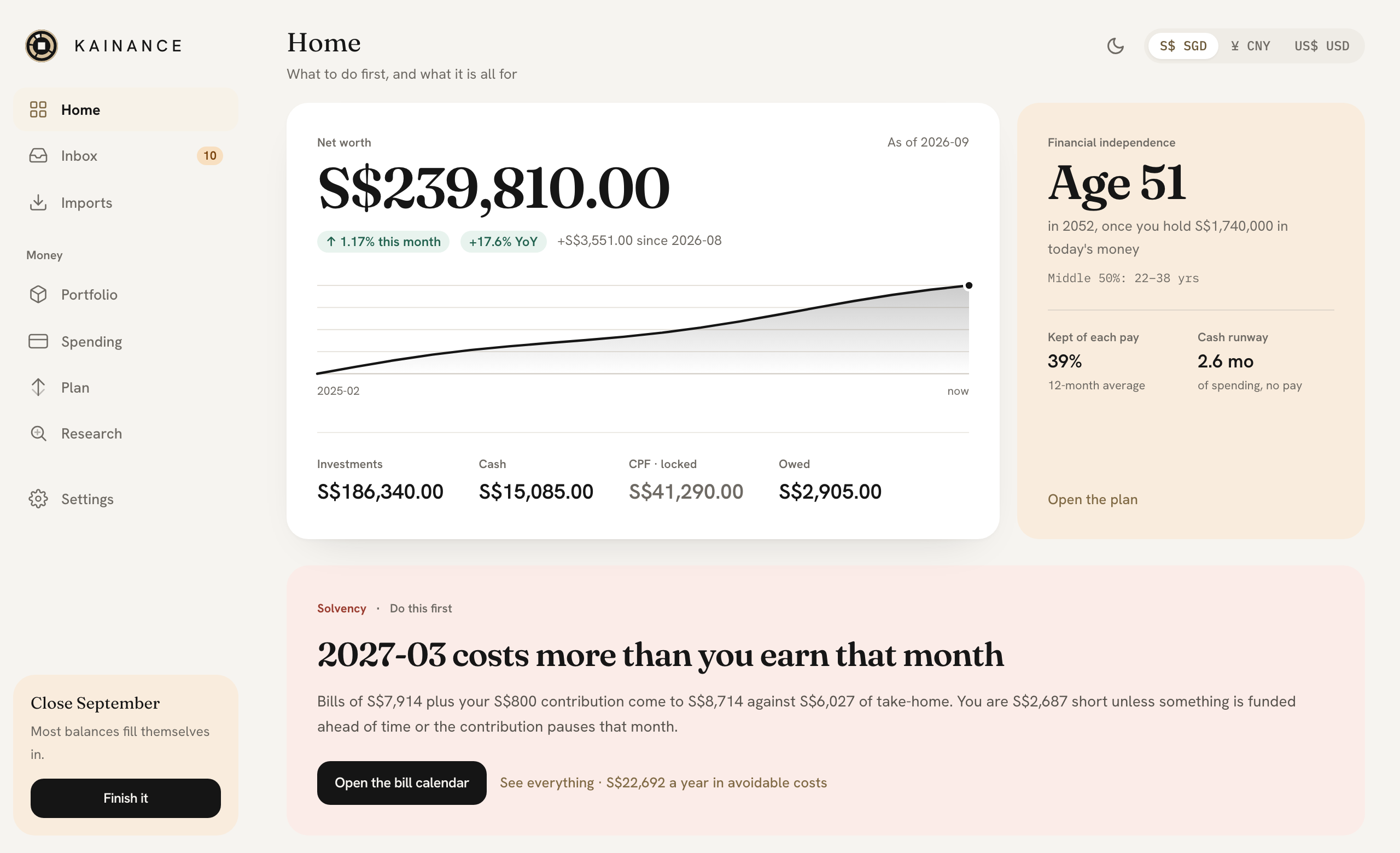 Kainance Home: net worth across currencies and accounts, a freedom age of 51, and the first thing to do.